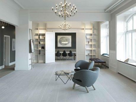 Dinesen showroom in Copenhagen with Finn Juhl pelican chairs