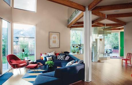 Modern prefab modular and triangular home by HOMB in Portland living room with custom sofa