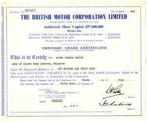 British Motor Corporation share certificate from 1959.