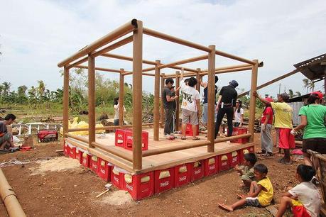 Students build typhoon shelters in the Philippines. 