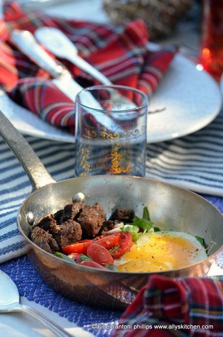 moroccan beef ribeye bites with steamed eggs tomatoes & green onions