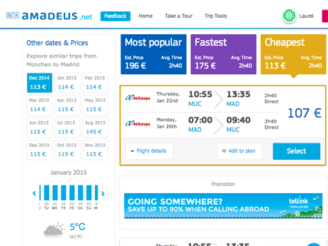 Amadeus provides 3 search options and shows you the average price of flights according to the month.