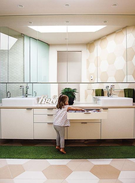 Modern prefab modular and triangular home by HOMB in Portland bathroom with hexagonal tiles
