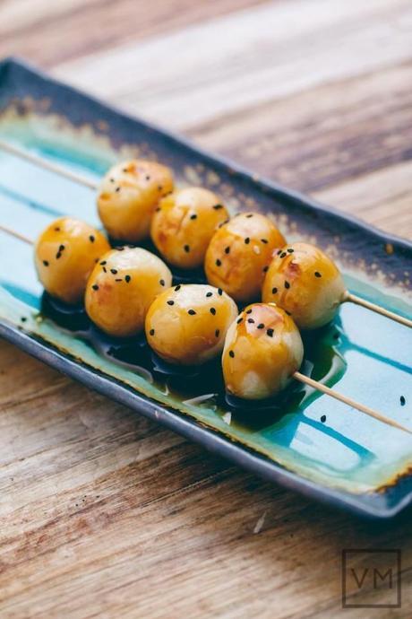 Mitarashi Dango (Sweet Glazed Japanese Skewered Rice Dumplings) from Vegan Miam