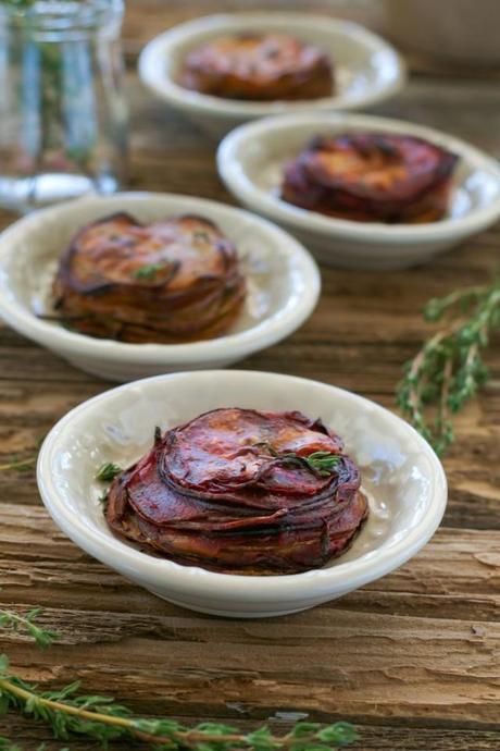 Maple and Thyme Potato-Beet-Sweet Potato Stacks from An Unrefined Vegan