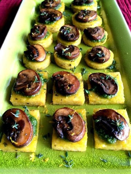 Lemon Thyme Polenta Bites with Argula Pesto & Mushrooms from the Seasonal Veg Head