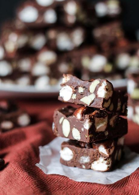 This Easy Rocky Road Fudge is rich, creamy, and comes together in less than 10 minutes with just 5 ingredients!