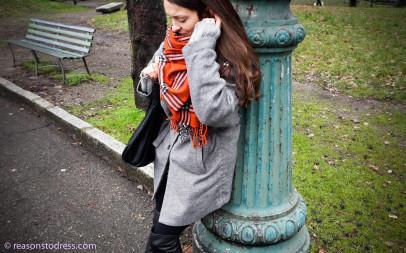 ReasonstoDress.com Reasons to Dress Real Mom Street Style Tweed oversized coat with orange plaid scarf heritage trend heritage fabric fall 2014 over the knee black leather boots