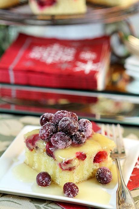 Cranberry Cake with Warm Butter Rum Sauce and Sugared Cranberries