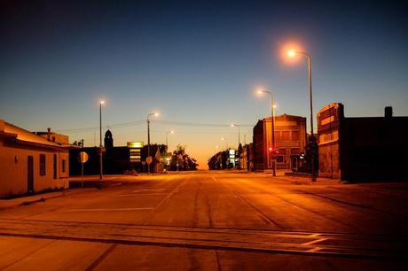 The main road of Britton in dusk light. Sunday nights are quiet.