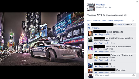 A Facebook post by The Bean, including a photo of a NYPD police car and a caption, 