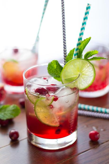 Cranberry Pomegranate Prosecco Cocktail with Mint and Lime