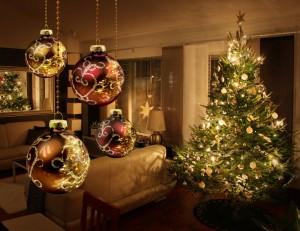 Christmas tree reflections in living room