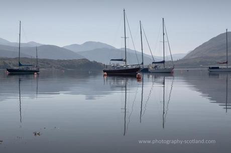 Landscape photo - hazy gray tranquility over the bay at Ullapool in the Scottish Highlands