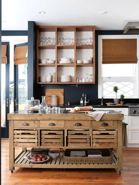 Rustic kitchen island with open shelving on walls! How fabulous - #Country #Style #Kitchens