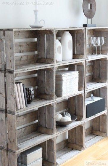 wood crate shelves estantes madera cajas manzana