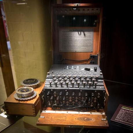 An Enigma machine on display at Bletchley Park
