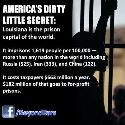 Louisiana imprisons three times as many people per capita than Russia does and about five times more than Iran. The state also has a booming private prison industry. You do the math. -Beyond Bars
