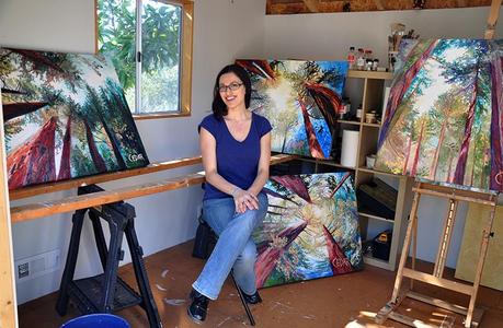 Artist Cedar Lee in her painting studio with her large-scale oil paintings of the redwood forest. January 2015.