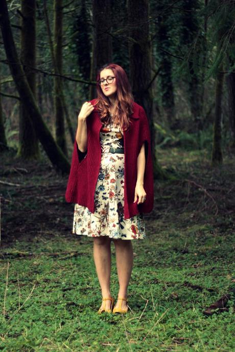 Red Cape, Novelty Print Dress, and Life Lately