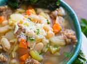 Sausage, White Bean Orzo Soup with Parmesan Kale Chip &#8216;dippers&#8217;