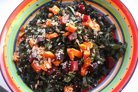 Shredded Kale, Sweet Potato and Beet Salad with Cilantro Lime Dressing