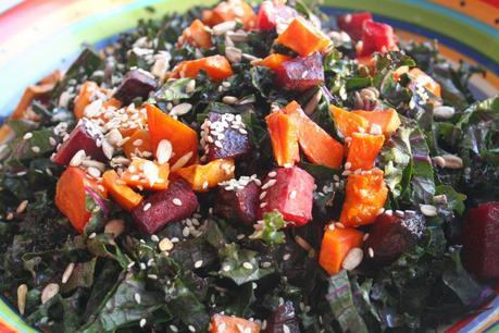 Shredded Kale, Sweet Potato and Beet Salad with Cilantro Lime Dressing