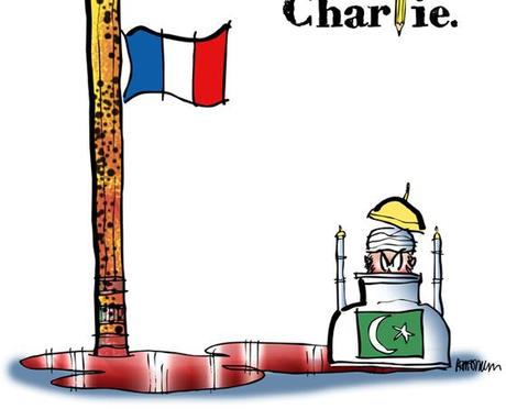 detail image Charlie Hebdo tribute cartoon Paris shootings Islamic extremists French flag at half-mast, bullet-riddled pencil, pool blood, ink bottle as mosque