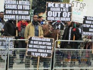 During a protest of mainly Congolese staged on 28.11.12 at the diplomatic representations of Rwanda and Democratic Republic of Congo in London days after the rebel group M23 had occupied Goma.