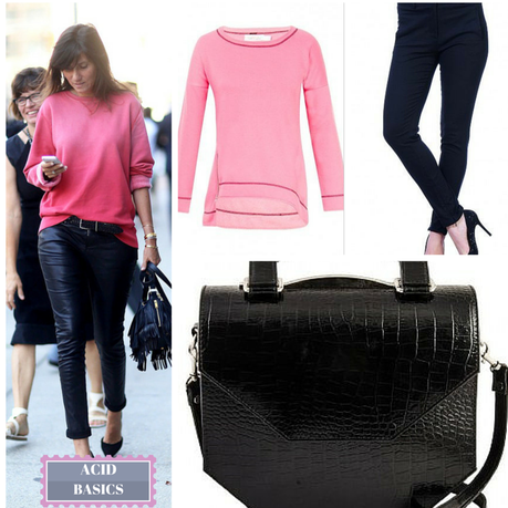 Get The Look - Emmanuelle Alt's Blush Pink Sweat, Black Slim Pants and AnEdgy Bag