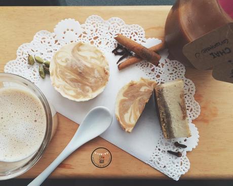 chai latte cheesecake with chai soy latte