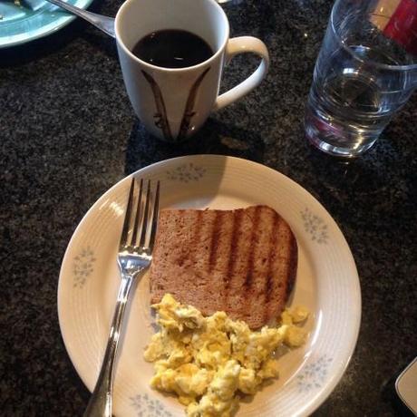 Breakfast: eggs, toast and coffee