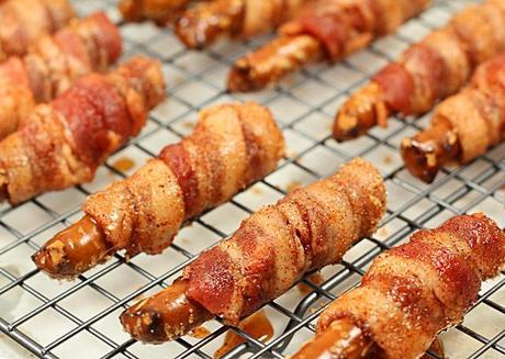 Bacon Wrapped Pretzels with Brown Sugar and Cayenne Glaze