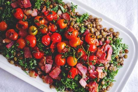 Power Food Salad /// Lentils + Kale + Bacon Salad with Warm Sautéed Cherry Tomatoes /// Green Joy