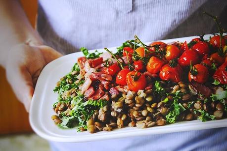 Power Food Salad /// Lentils + Kale + Bacon Salad with Warm Sautéed Cherry Tomatoes /// Green Joy