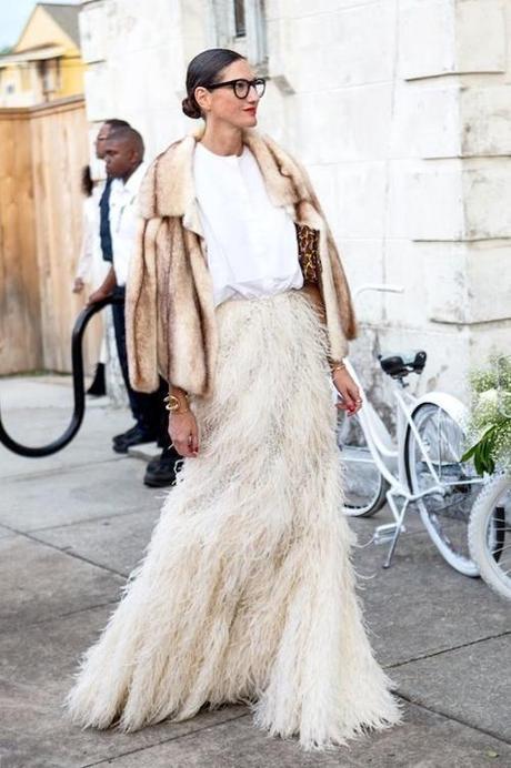 fur-Jenna Lyons at Solange Knowles' wedding in a fur coat & feather skirt