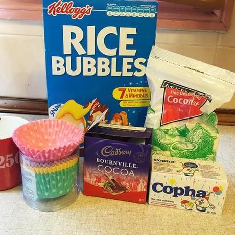 The ingredients to make chocolate crackles, but I was missing one ingredient. The icing sugar. I ended up using caster sugar and put it in a pestle and mortar to get the sugar finer. I only had icing mixture not the sugar so this was the best option.