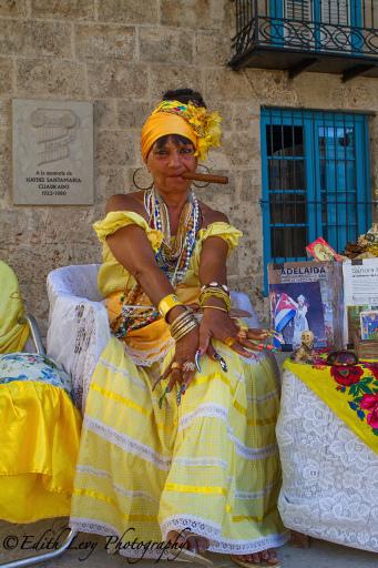 Cuba, Havana, street photography, portrait, yellow dress, cigar smoking, travel photography