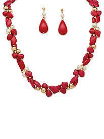 Haband - 2-piece Coral Colored And Simulated Pearl Beaded Necklace And Earrings Set; Color: No Color