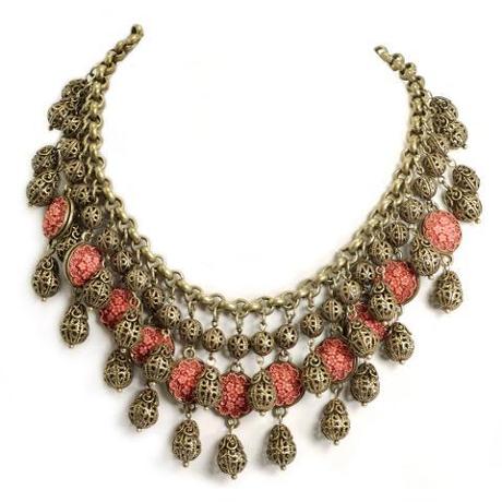 Sweet Romance - Bronze Pewter Coral And Filigree 1940s Bib Necklace