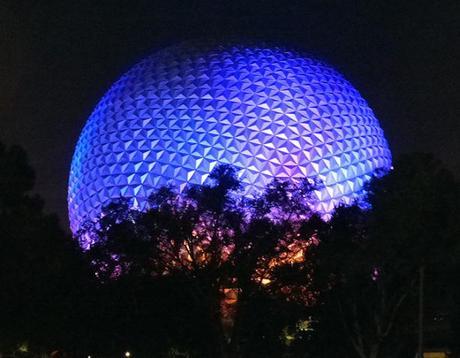 Epcot's Spaceship Earth aglow with WDW race-day anticipation