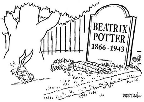 Peter Rabbit crying in cemetery has left bunch of carrots on Beatrix Potter grave