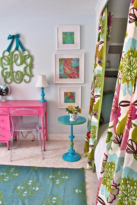 Tween Girls' Bedroom Reveal in Pink, Blue, and Floral With Built in Bed and Painted Desk (And Source List)