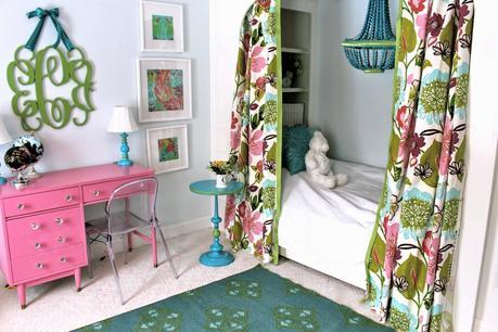 Tween Girls' Bedroom Reveal in Pink, Blue, and Floral With Built in Bed and Painted Desk (And Source List)