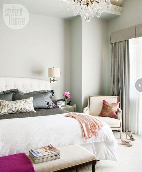 Parisian-style bedroom from Style at Home magazine. Love the headboard and the chair with the nailhead detail.