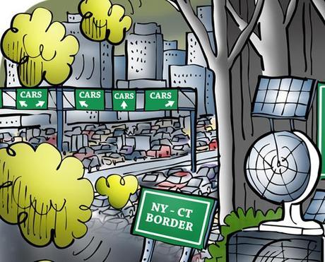detail image of two Connecticut highway transportation guys standing next to solar-powered fans which are blowing back New York City smog automobile gas fumes stream of traffic pollution in background at least less pollution than last year