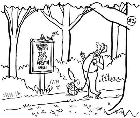 sketch showing man walking dog through woods stop at aerobic fitness station taking deep breath enjoying better quality air since less pollution