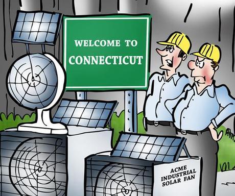 detail image of two Connecticut highway transportation guys standing next to solar-powered fans which are blowing back New York City smog automobile gas fumes stream of traffic pollution in background at least less pollution than last year