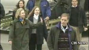 Hillary Clinton crossing the Bosnian tarmac under sniper fire.