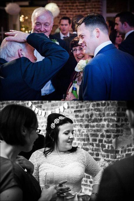 Bride and groom chat with friends and family